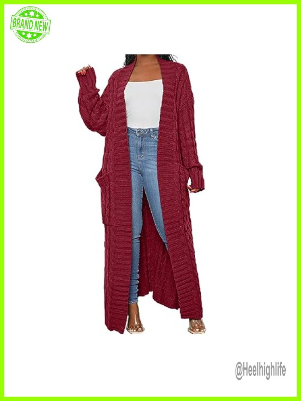 Cable Knit Open Front Maxi Cardigan Long Sleeve Pockets Sweater